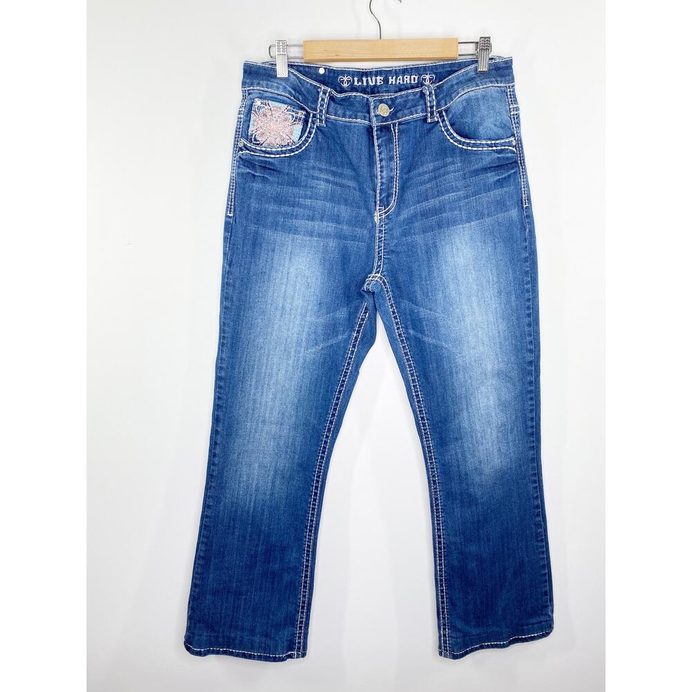 Ed Hardy Dark Wash Blue Denim Cotton Blend Zip Fly Jeans Women's Size 16